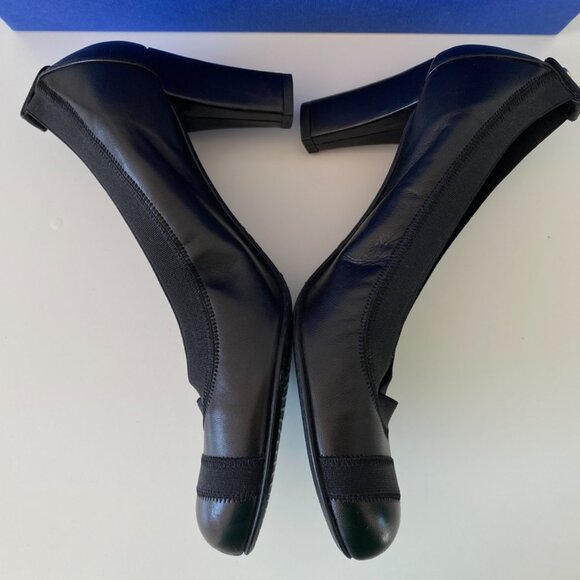 Stuart Weitzman | Black Elastic trim Leather |Pump Block Heels |Round Toe - Picture 7 of 13